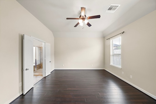 19119 Cardinal Grove Ct, Cypress, TX 77429 - empty room featuring a ceiling fan, dark wood-style flooring, and lofted ceiling