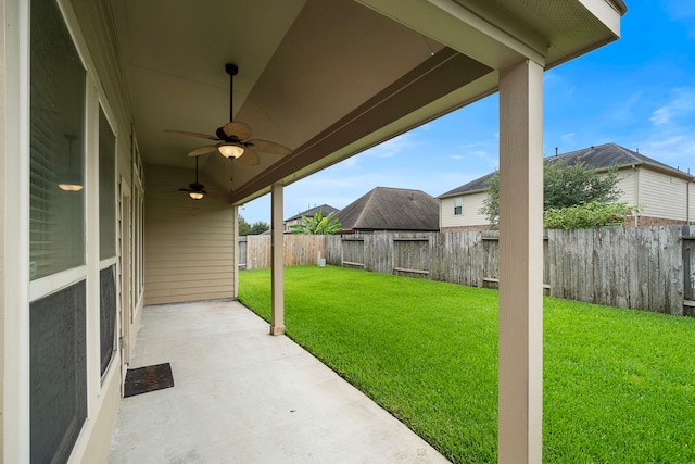 19119 Cardinal Grove Ct, Cypress, TX 77429 - fenced backyard featuring ceiling fan and a patio area
