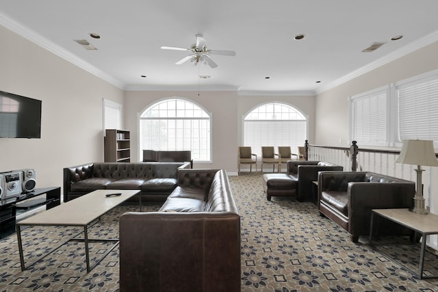 2100 Welch St Unit C309, Houston, TX 77019 - carpeted living room with a ceiling fan and crown molding