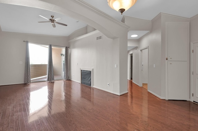 2100 Welch St Unit C309, Houston, TX 77019 - unfurnished living room with a ceiling fan, vaulted ceiling, wood finished floors, a fireplace, and crown molding