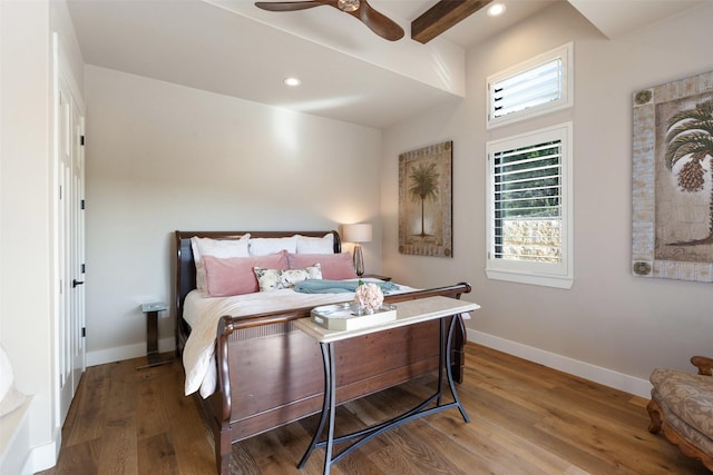4810 R O Dr, Spicewood, TX 78669 - bedroom with wood finished floors, baseboards, recessed lighting, and a ceiling fan