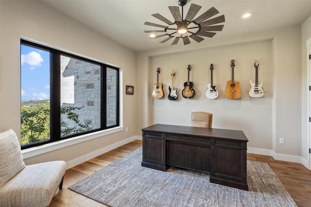 4810 R O Dr, Spicewood, TX 78669 - home office featuring a ceiling fan, wood finished floors, baseboards, and recessed lighting