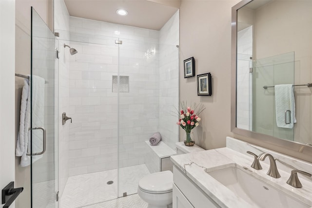 4810 R O Dr, Spicewood, TX 78669 - bathroom featuring toilet, vanity, a stall shower, and recessed lighting