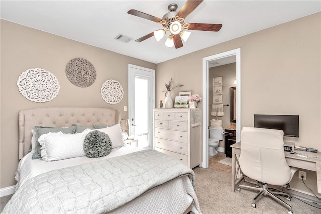 1608 Knox St Unit B, Houston, TX 77007 - bedroom with an office area, light colored carpet, ensuite bathroom, and a ceiling fan