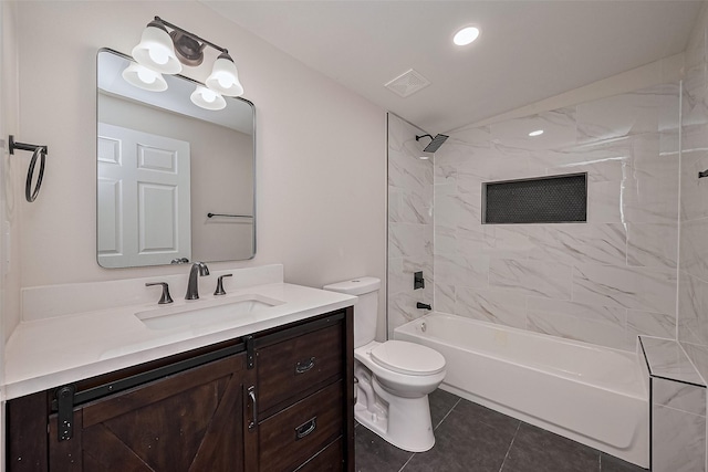 5032 Briscoe St, Houston, TX 77033 - full bathroom featuring toilet, vanity, shower / tub combination, tile patterned flooring, and lofted ceiling