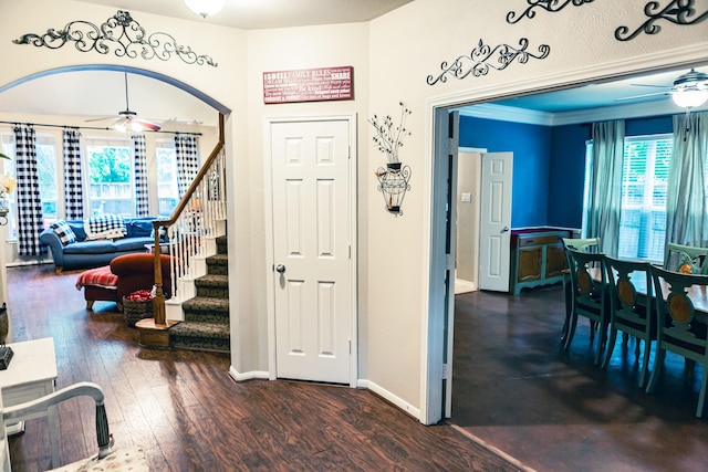 13926 Wessex Park Dr, Cypress, TX 77429 - entrance foyer with ceiling fan, hardwood / wood-style flooring, and stairs