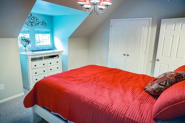 13926 Wessex Park Dr, Cypress, TX 77429 - bedroom featuring carpet flooring, lofted ceiling, a closet, and a chandelier