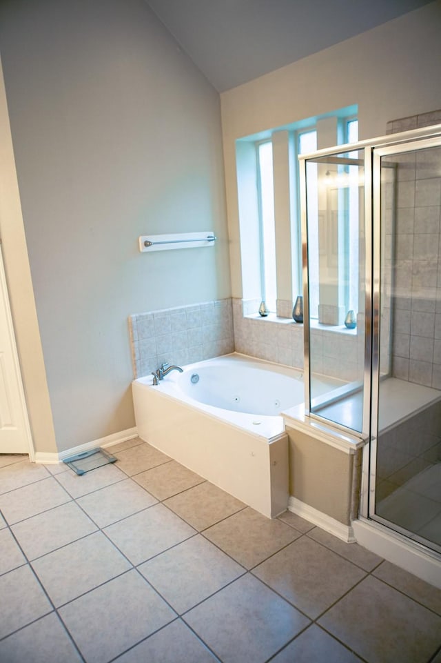 13926 Wessex Park Dr, Cypress, TX 77429 - bathroom with tile patterned flooring, a whirlpool tub, a stall shower, and lofted ceiling