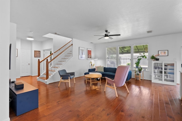 21519 Canyon Terrace Ln, Katy, TX 77450 - living room with a ceiling fan, stairs, wood-type flooring, and baseboards