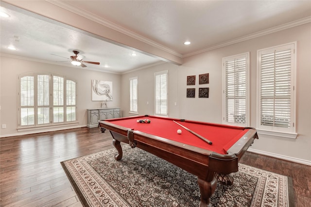 21622 Sabine Pass Ct, Katy, TX 77450 - recreation room featuring billiards, a ceiling fan, wood finished floors, crown molding, and recessed lighting