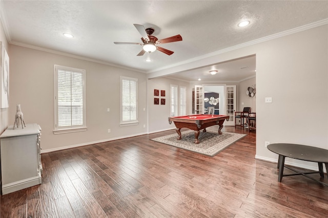 21622 Sabine Pass Ct, Katy, TX 77450 - playroom featuring a ceiling fan, french doors, billiards table, hardwood / wood-style floors, and ornamental molding