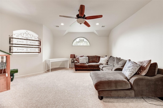 21622 Sabine Pass Ct, Katy, TX 77450 - carpeted living area with a ceiling fan, recessed lighting, and vaulted ceiling