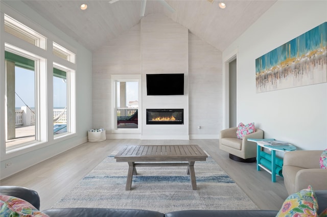 852 W Lazy Ln, Crystal Beach, TX 77650 - living area featuring a glass covered fireplace, wood finished floors, recessed lighting, and high vaulted ceiling