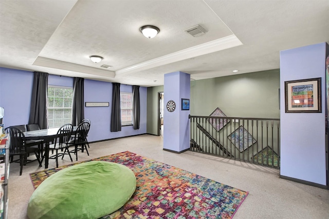 6706 Lindale Manor Ct, Spring, TX 77379 - living area with a raised ceiling, an upstairs landing, and carpet flooring