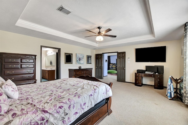 6706 Lindale Manor Ct, Spring, TX 77379 - bedroom featuring a raised ceiling, light carpet, access to outside, ceiling fan, and ensuite bathroom