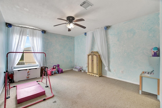 6706 Lindale Manor Ct, Spring, TX 77379 - recreation room featuring ceiling fan, carpet flooring, and wallpapered walls