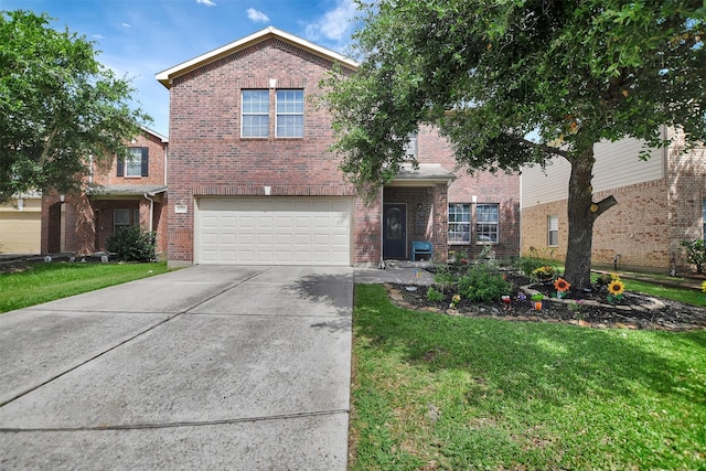6706 Lindale Manor Ct, Spring, TX 77379 - traditional home featuring brick siding, a garage, driveway, and a front lawn