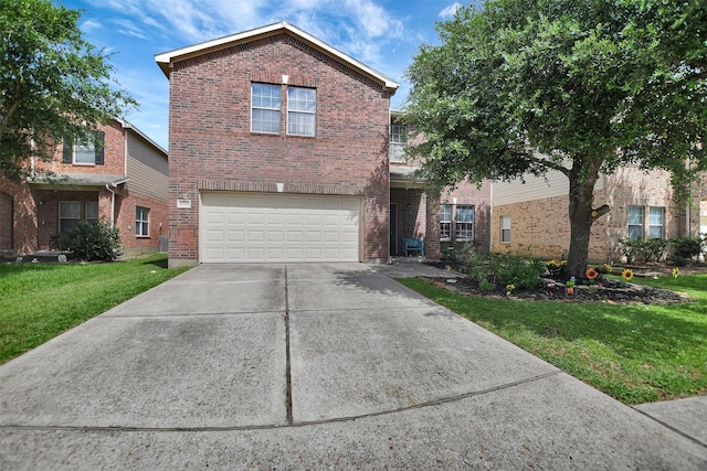 6706 Lindale Manor Ct, Spring, TX 77379 - traditional-style home featuring brick siding, an attached garage, a front lawn, and concrete driveway