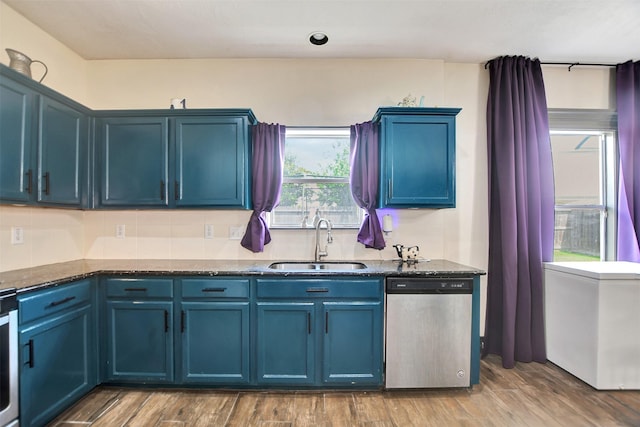 6706 Lindale Manor Ct, Spring, TX 77379 - kitchen featuring dishwasher, a sink, and blue cabinetry