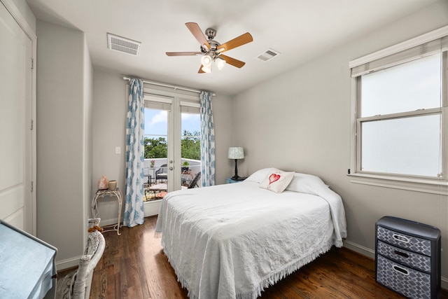1616 Wrenwood Lks, Houston, TX 77043 - bedroom featuring access to exterior, multiple windows, wood finished floors, and a ceiling fan