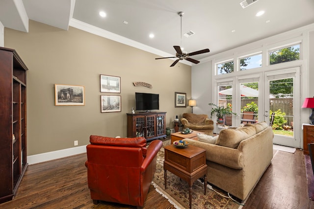 1616 Wrenwood Lks, Houston, TX 77043 - living area with french doors, dark wood-style flooring, ceiling fan, baseboards, and crown molding
