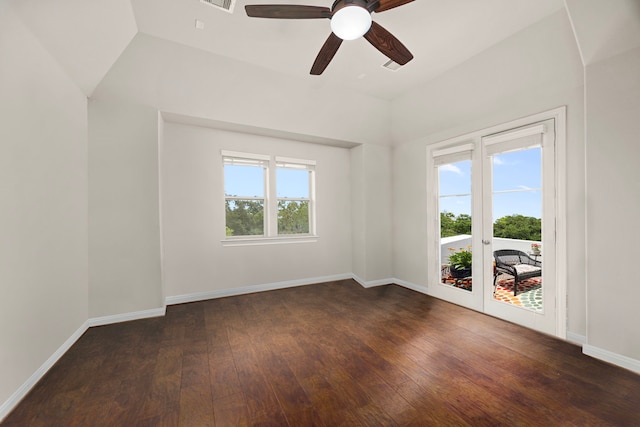 1616 Wrenwood Lks, Houston, TX 77043 - spare room with dark wood-style flooring, lofted ceiling, french doors, baseboards, and ceiling fan