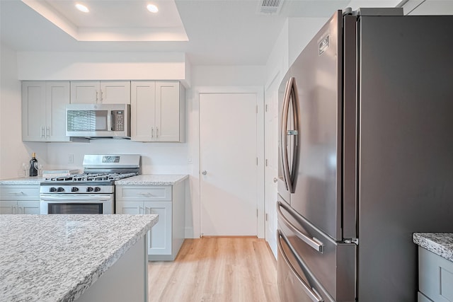 19803 Packwood Dr, Katy, TX 77449 - kitchen featuring appliances with stainless steel finishes, light wood-style floors, recessed lighting, a raised ceiling, and gray cabinets