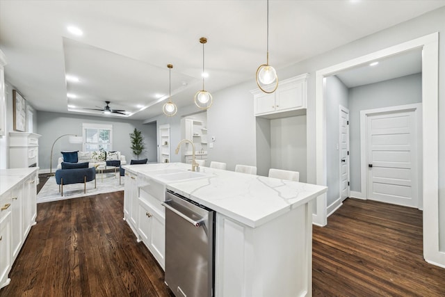 1819 Oxford St, Houston, TX 77008 - kitchen with dishwasher, a ceiling fan, dark wood-style flooring, white cabinets, and light stone counters