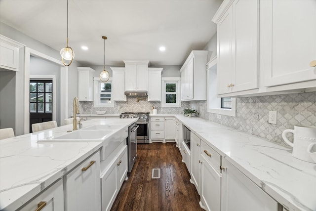 1819 Oxford St, Houston, TX 77008 - kitchen featuring appliances with stainless steel finishes, dark wood-style floors, healthy amount of natural light, white cabinets, and recessed lighting