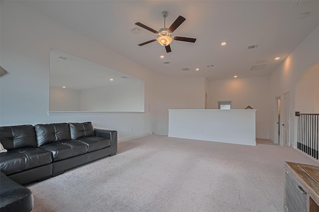 18003 Winding Willow Oak Way, Cypress, TX 77433 - living area featuring light colored carpet, ceiling fan, and recessed lighting