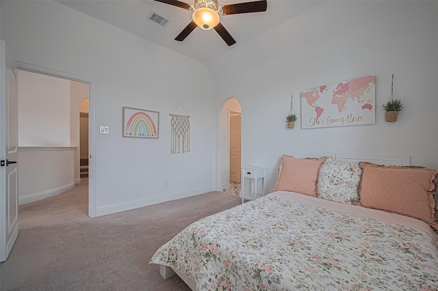 18003 Winding Willow Oak Way, Cypress, TX 77433 - carpeted bedroom with arched walkways, vaulted ceiling, and ceiling fan