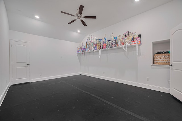 18003 Winding Willow Oak Way, Cypress, TX 77433 - unfurnished room with ceiling fan, lofted ceiling, and recessed lighting