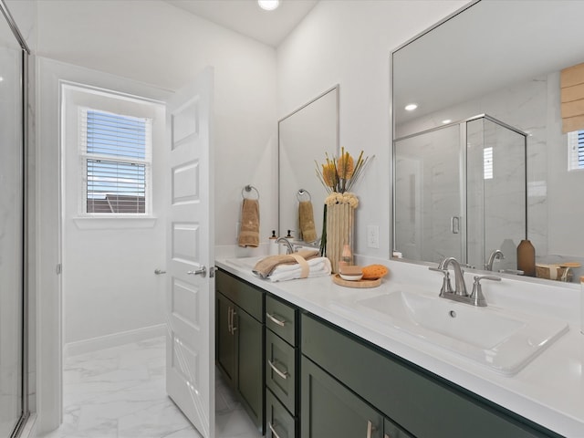 9221 Washington Hts, Houston, TX 77063 - bathroom with healthy amount of natural light, marble finish floors, double vanity, a marble finish shower, and recessed lighting