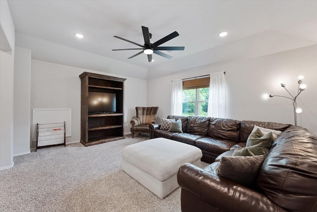 16997 White Birch Ln, Conroe, TX 77385 - living room with light colored carpet, a ceiling fan, baseboards, and recessed lighting