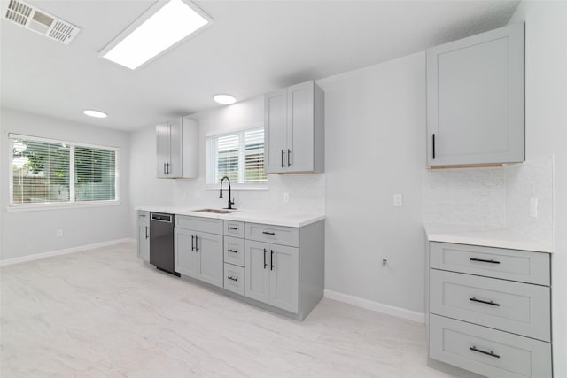 7211 Autumn Grove Dr, Houston, TX 77072 - kitchen with a sink, dishwasher, gray cabinetry, light countertops, and backsplash