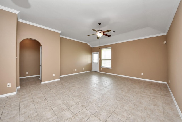 7714 Guldan Dr, Richmond, TX 77407 - spare room with arched walkways, a ceiling fan, crown molding, baseboards, and light tile patterned floors