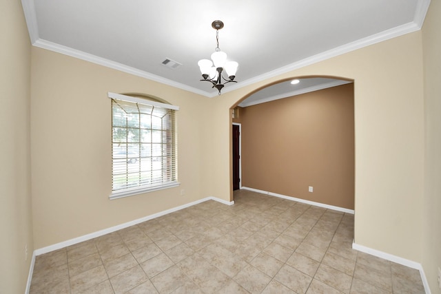 7714 Guldan Dr, Richmond, TX 77407 - empty room with arched walkways, crown molding, a chandelier, and baseboards