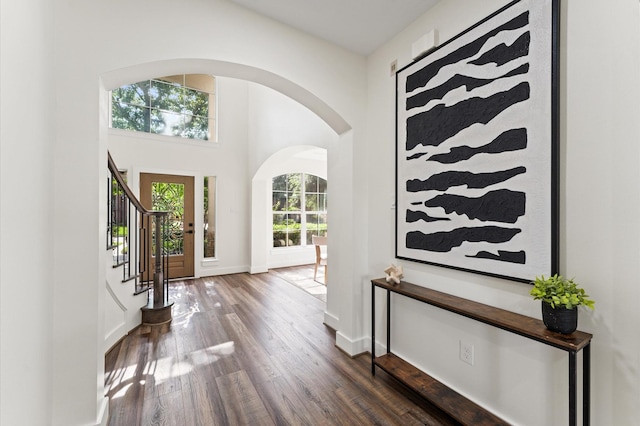 31318 Bearing Star Ln, Tomball, TX 77375 - entryway with wood finished floors, arched walkways, baseboards, a towering ceiling, and stairway