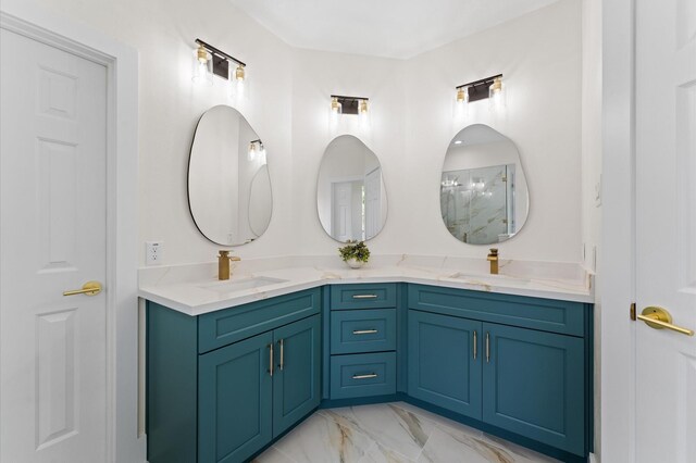 31318 Bearing Star Ln, Tomball, TX 77375 - bathroom with double vanity, a marble finish shower, and marble finish flooring