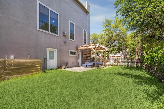1814 Rosalie St, Houston, TX 77004 - rear view of property with an outdoor hangout area, a pergola, a fenced backyard, stucco siding, and a patio
