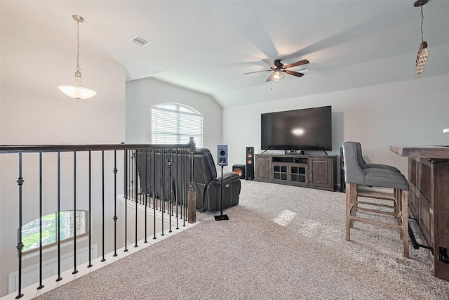 3415 Sicily Island Ln, Katy, TX 77494 - carpeted living area featuring ceiling fan and lofted ceiling