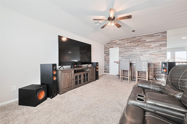3415 Sicily Island Ln, Katy, TX 77494 - living room featuring ceiling fan, carpet floors, vaulted ceiling, and baseboards