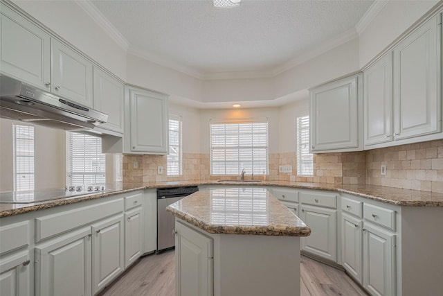 5210 Holly View Dr, Houston, TX 77091 - kitchen with stainless steel dishwasher, under cabinet range hood, cooktop, a sink, and light wood-style flooring