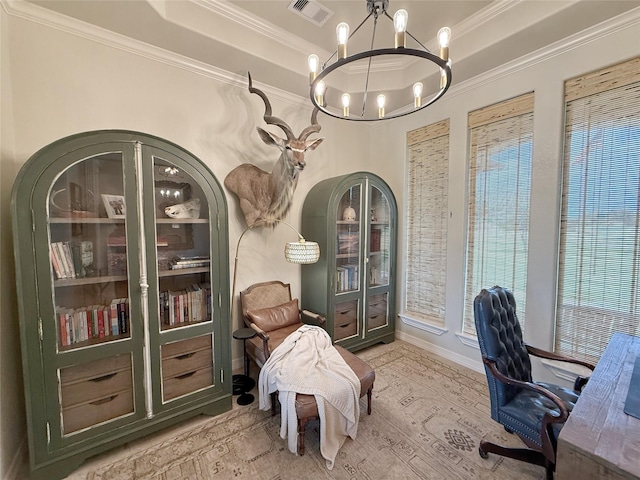 1549 Frontier Trl, Angleton, TX 77515 - office space featuring a chandelier, ornamental molding, a raised ceiling, healthy amount of natural light, and baseboards