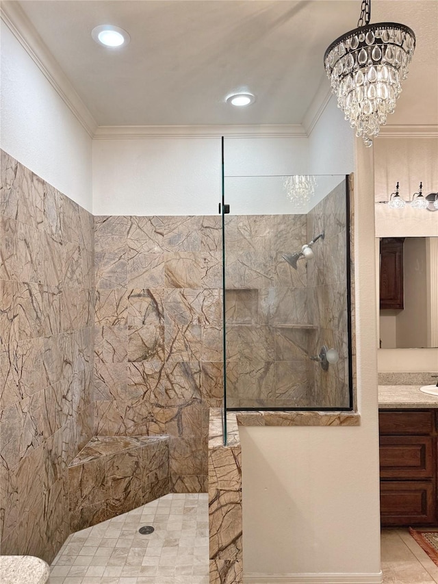 1549 Frontier Trl, Angleton, TX 77515 - full bathroom featuring a walk in shower, crown molding, vanity, recessed lighting, and a chandelier