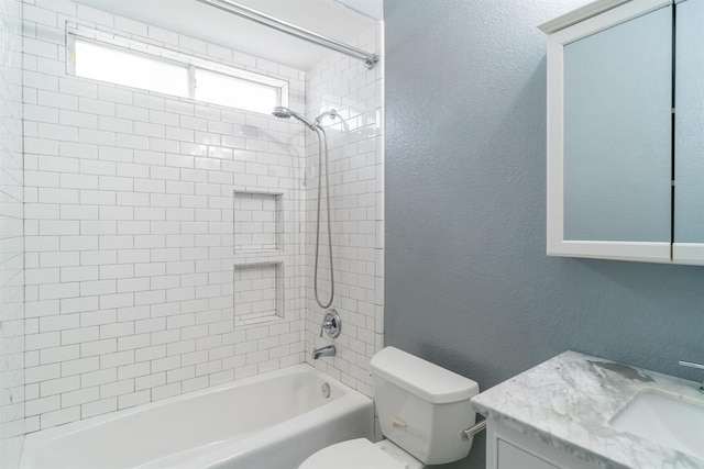 4704 High Creek Ct, Alvin, TX 77511 - bathroom featuring toilet, vanity,  shower combination, and a textured wall