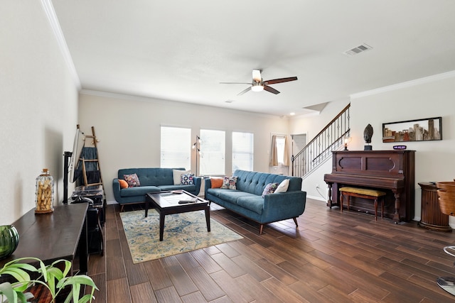 3519 Barkers Run Dr, Houston, TX 77084 - living room featuring ornamental molding, a ceiling fan, stairway, dark wood finished floors, and baseboards