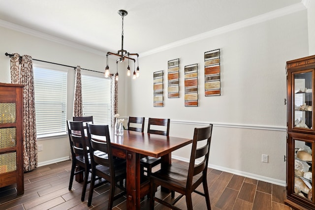 3519 Barkers Run Dr, Houston, TX 77084 - dining area featuring a chandelier, wood tiled floors, ornamental molding, and baseboards