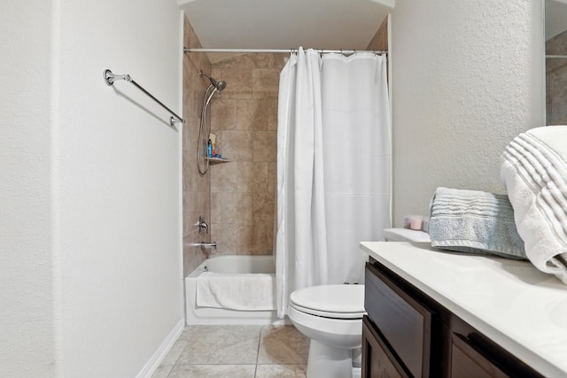 3519 Barkers Run Dr, Houston, TX 77084 - bathroom featuring shower / bathtub combination with curtain, toilet, vanity, tile patterned floors, and a textured wall