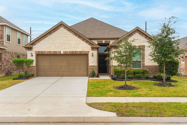 15307 Oakheath Colony Ln, Houston, TX 77044 - french provincial home with an attached garage, driveway, a front lawn, and brick siding